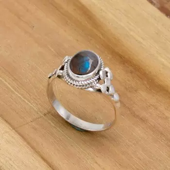Женское кольцо с крестом из стерлингового серебра 925 пробы с лабрадором, кольцо ручной работы с камнем, подарок для нее, эффектное кольцо с овальным драгоценным камнем 4 серый