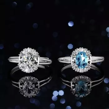 Женское кольцо с натуральным голубым топазом и муассанитом из стерлингового серебра, 1 карат, с бриллиантами, круглая сумка в форме яйца, кольцо специальной формы для женщин Opening is adjustable