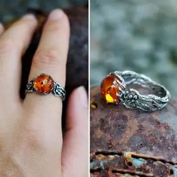 Женское кольцо с полым цветочным узором серебряного цвета, роскошный подарок, индивидуальный ретро, искусственный янтарь 9 серебряный