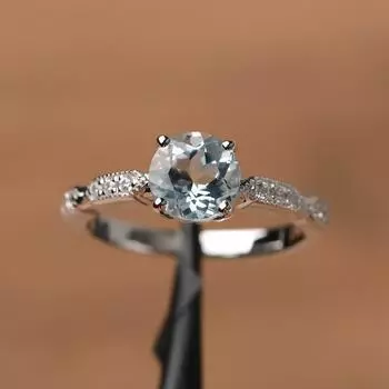 Женское кольцо с синим аквамарином и драгоценным камнем, круглой огранки, стерлинговое серебро 925 пробы, мартовский камень, обещание, кольцо для ношения на годовщину свадьбы 3 синий