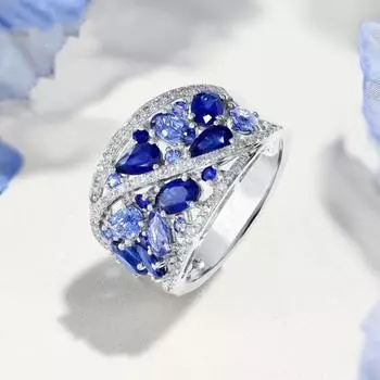 Женское кольцо, широкое, синее, коктейльное кольцо в форме капли воды, медное, многогранное, с кубическим цирконием, ювелирное украшение на годовщину свадьбы US 6 синий