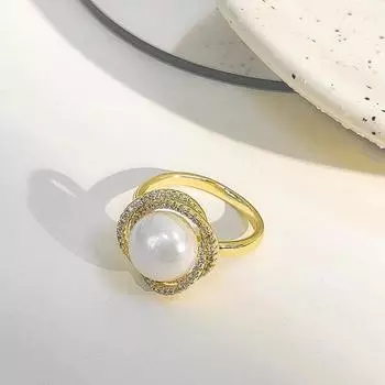 Женское кольцо со скрещенными блестящими стразами, элегантное открытое регулируемое глянцевое кольцо на палец из искусственного жемчуга