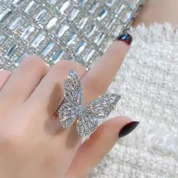 Женское кольцо в форме бабочки со стразами, регулируемое открывающееся кольцо для банкета, вечеринки, свадьбы, ювелирные изделия серебряный