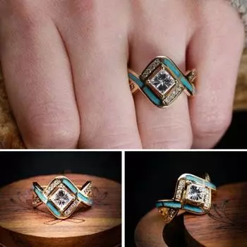 Женское кольцо волнистое полое ретро геометрическое роскошное подарочное гипоаллергенное сверкающее квадратное кольцо со стразами US 10