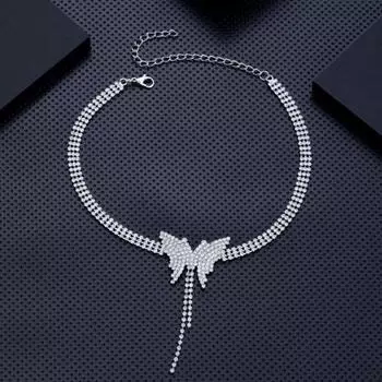 Женское колье-бабочка со стразами, сверкающее элегантное длинное ожерелье с воротником и кисточкой для девочек, модные аксессуары для свадебной вечеринки, подарок серебряный