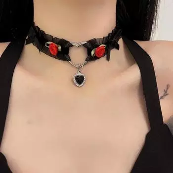 Женское колье черно-белое прозрачное кружево металлическое сердце любовь маленькие цветы бант сексуальный элегантный чёрный