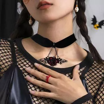 Женское колье черный бархат готический дикий панк подарок ювелирный аксессуар красная роза крылья летучей мыши