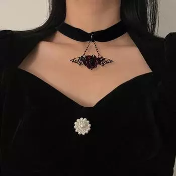 Женское колье черный бархат готический дикий панк подарок ювелирный аксессуар красная роза крылья летучей мыши