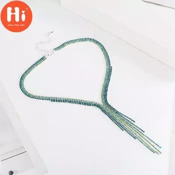 Женское колье-чокер с длинной кисточкой и стразами 40+7.5cm розовый