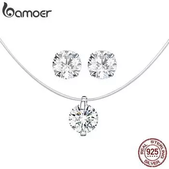 Женское колье и серьги BAMOER из стерлингового серебра 925 пробы с простым блеском и цирконом, комплект ювелирных изделий 925 Silver серебряный