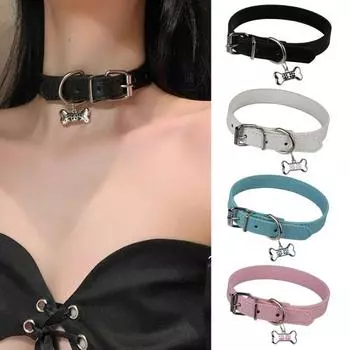 Женское колье-колье, костяное ожерелье с несколькими отверстиями, регулируемая длина, металлическая пряжка, короткое ожерелье из искусственной кожи чёрный