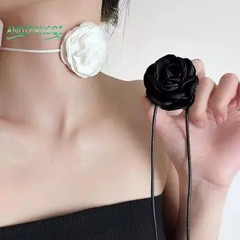Женское колье-колье с 3D цветком розы - ретро, черно-белое, элегантное, на шнуровке, с регулируемым воротником с ремешками чёрный