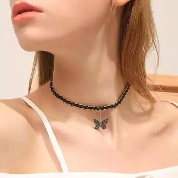 Женское колье-колье со стразами, кулон-бабочка, декор, регулируемая длина, зажим-лобстер, изысканное украшение на шею из нержавеющей стали, ожерелье, ювелирные изделия чёрный