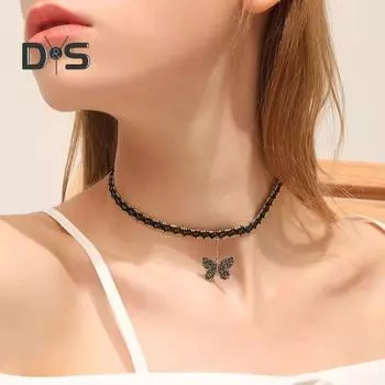 Женское колье-колье со стразами, кулон-бабочка, декор, регулируемая длина, зажим-лобстер, изысканное украшение на шею из нержавеющей стали, ожерелье, ювелирные изделия чёрный