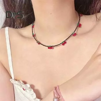 Женское колье-колье в богемном стиле, вишневый декор, маленькие бусины, короткое ожерелье, яркое цветное ожерелье с регулируемой длиной чёрный