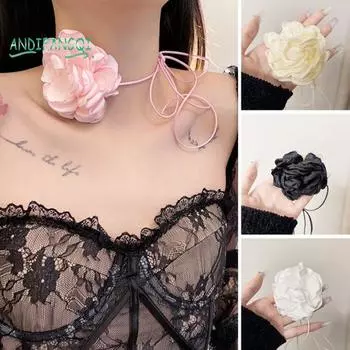 Женское колье-колье в стиле ретро с цветком - однотонное, элегантное, на шнуровке, с регулируемым воротником с ремешками чёрный