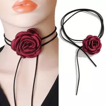 Женское колье-колье в стиле ретро с цветком, однотонное элегантное ожерелье на шнуровке с регулируемым воротником на бретельках, товары для вечеринок вино красного