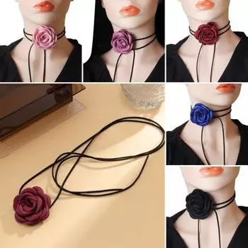 Женское колье-колье в стиле ретро с цветком, элегантный воротник на шнуровке для вечеринок, повседневная одежда, ручная работа, 3d декор роз, регулируемая, удобная посадка чёрный