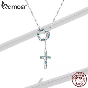 Женское колье-подвеска BAMOER из стерлингового серебра 925 пробы с изображением любви и креста, цветное циркониевое колье с замком, платиновые ювелирные изделия 925 silver