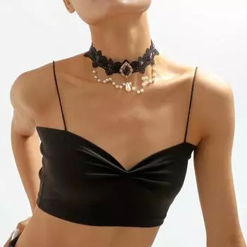 Женское колье, сексуальное цветочное кружево со стразами, готический ретро, широкий воротник из искусственной груши с кисточками чёрный/золотой