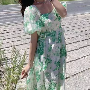 Женское корейское свободное платье с квадратным вырезом, повседневные универсальные женские платья с зеленым принтом M