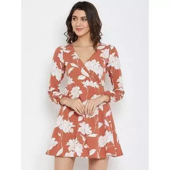 Женское коричневое платье с запахом и цветочным принтом S