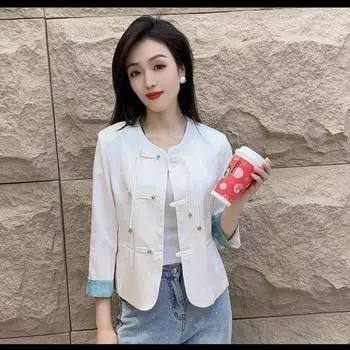 Женское короткое пальто с круглым вырезом и длинным рукавом, жаккардовое, осень 2024, новинка, ретро, с дисковыми пуговицами и бахромой L (recommended 90-57.5 kg)