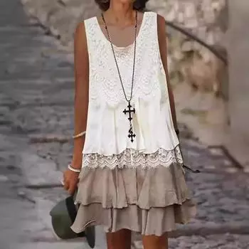 Женское короткое платье без рукавов с круглым вырезом и кружевом в стиле пэчворк L белый