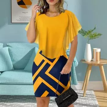 Женское короткое платье из двух частей с геометрическим принтом, с запахом бедра, с круглым вырезом, с тонкой талией, в стиле ретро, облегающее летнее женское мини-платье, одежда для свиданий XL жёлтый
