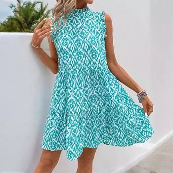 Женское короткое платье, летнее, с круглым вырезом, без рукавов, с принтом S синий