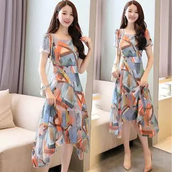 Женское короткое платье с круглым воротником и принтом для летних вечеринок и праздников M