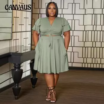 Женское короткое платье с рюшами и рукавами, завязками, верхним карманом, V-образным вырезом, комплект с юбкой больших размеров 1XL светло-зеленый