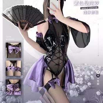 Женское кожаное боди, аниме, косплей, костюмы дьявола, с лямкой на шее, перспективная сетчатая лоскутная сексуальная пижама, нижнее белье, комбинезон с бантом One Size
