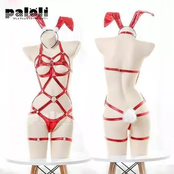 Женское кожаное нижнее белье с лямкой на шее, бондаж, клетка для тела, эротическое боди, выдолбленное полное тело, кролик One Size