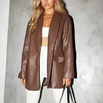 Женское кожаное пальто с длинным рукавом и лацканами из искусственной кожи, куртка на пуговицах спереди, плащ S коричневый