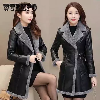 Женское кожаное пальто средней длины на осень и зиму большого размера плюс бархатная утолщенная ветровка из искусственной кожи и меховое пальто XL-6XL