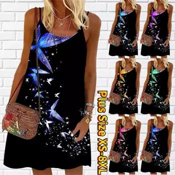 Женское красивое мини-платье с цветочным принтом и кристаллами и бабочками, праздничное платье без рукавов, летнее пляжное платье, сарафан XS синий