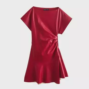 Женское красное кожаное облегающее плиссированное платье с короткими рукавами в европейско-американском стиле, весна/лето 2024 г. Extra Small