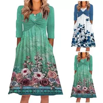 Женское красочное богемное платье макси с цветочным принтом и рукавами три четверти, повседневное свободное летнее платье для пляжного отдыха, струящееся платье с карманами XL зелёный