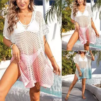 Женское красочное крашение, ажурное пляжное платье-бикини, прикрытие One Size синий