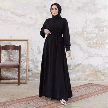 Женское креповое платье с капюшоном и поясом, исламская одежда в стиле хиджаб с длинным рукавом