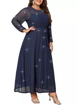 Плюс размер Женское кружевное элегантное платье с длинным рукавом Женское А-силуэтное однотонное свободное платье-сарафан Летнее платье миди 1XL-6XL 2XL винный/красный