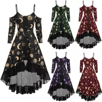 Женское кружевное асимметричное платье в стиле пэчворк с длинным рукавом и принтом солнца и звезд XXXL фиолетовый