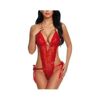 Женское кружевное боди Ladysta - цельное нижнее белье, ночное белье с v-образным вырезом - свободный размер (S / M / L) Free Size (S/M/L) красный