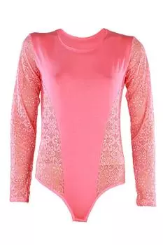 Женское кружевное боди с длинными рукавами, хлопок, лайкра