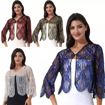 Женское кружевное болеро с блестками и длинными рукавами, кардиган с застежкой на крючки, аксессуары для свадебного платья белый