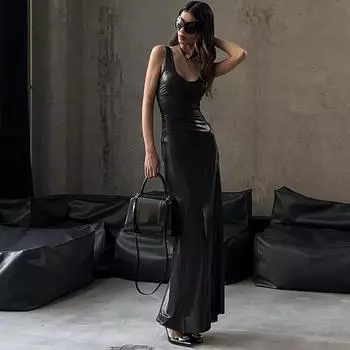 Женское кружевное лоскутное платье без рукавов из искусственной кожи, вечернее сексуальное черное платье на молнии L чёрный