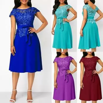 Женское кружевное лоскутное платье миди с короткими рукавами, вечернее платье
