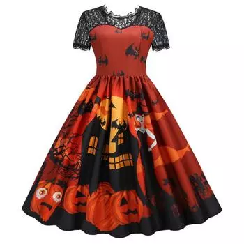 Женское кружевное лоскутное платье на Хэллоуин с коротким рукавом и большим распашным принтом S оранжевый
