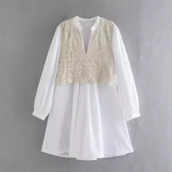 Женское кружевное лоскутное платье с V-образным вырезом и длинными рукавами, свободное мини-платье XS белый